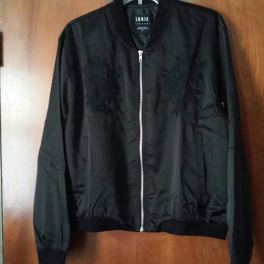 Lunik Black Embroidered Lightweight Jacket size L NWT